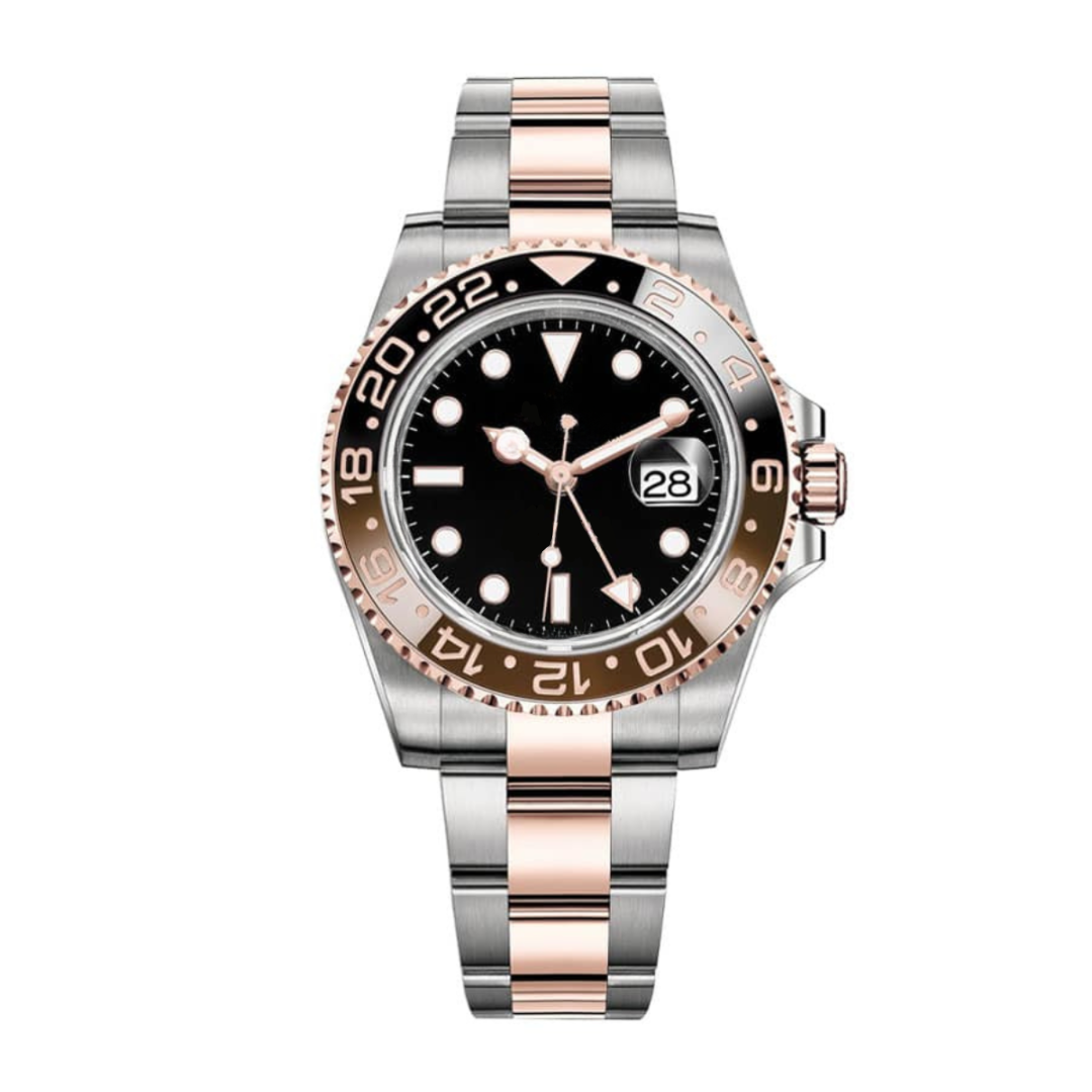 GMT Traveller 40 – Black Dial | Bicolor Stainless Steel & Rose Gold Tone Bracelet with Brown-Black Ceramic Bezel