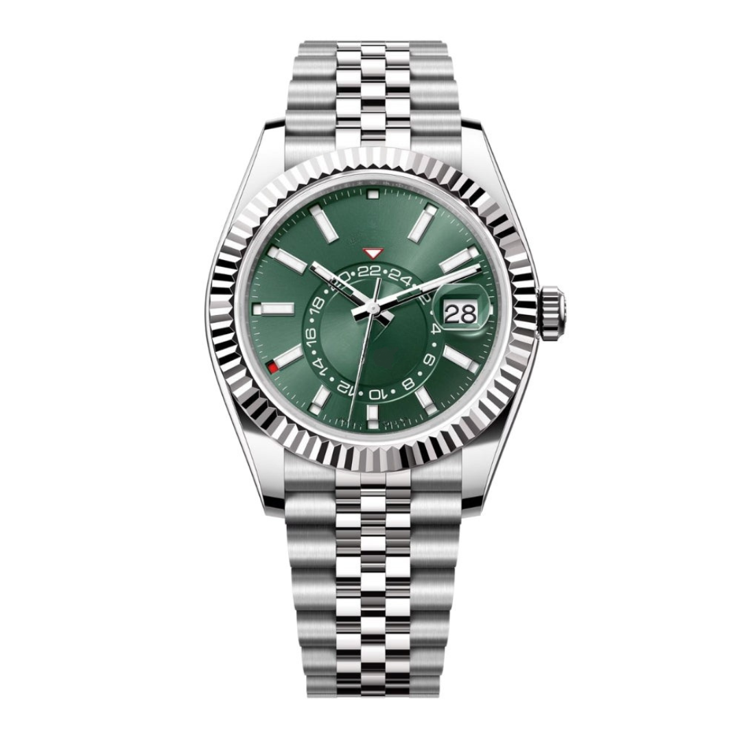 Global Traveller 42 – Green Sunburst Dial | Stainless Steel Jubilee Bracelet & Fluted Bezel
