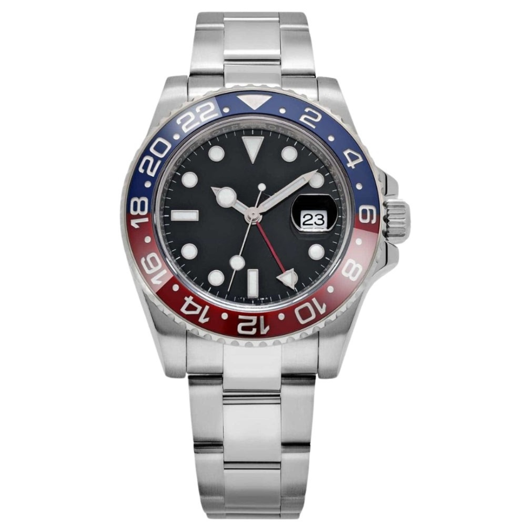 Dual Time 40 – Black Dial | Steel Bracelet & Red-Blue Ceramic Bezel